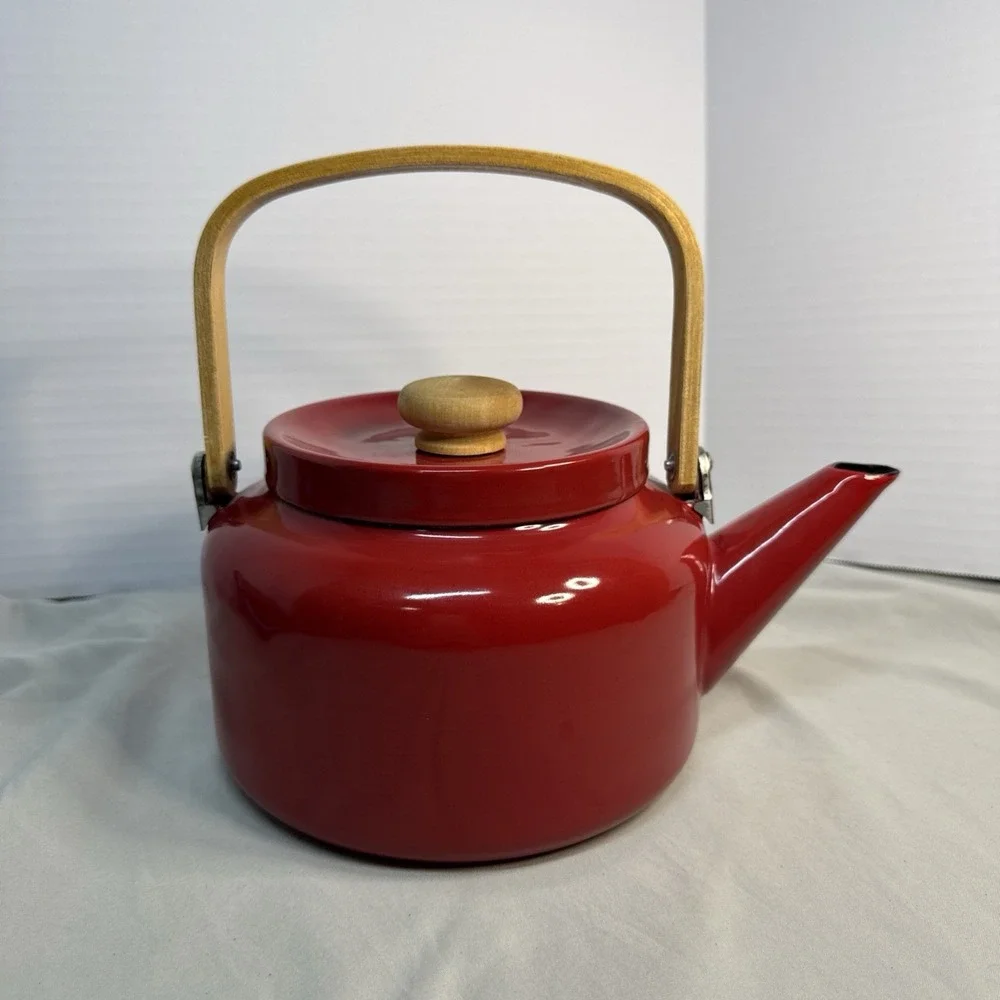 Vintage Mid-Century Modern Red Enamel Stovetop Tea Kettle